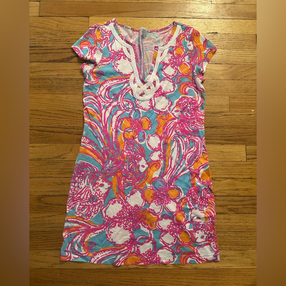 Lilly Pulitzer Pink and Orange Tee Shirt Brewster Dress Shift Medium Floral